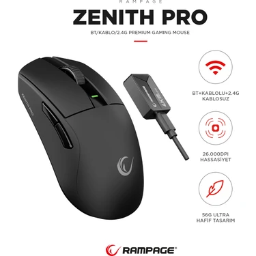 Rampage ZENITH PRO 4K BT+Wired+2.4G Siyah Kablosuz PAW3395 NORDIC 52833 MCU Gaming Oyuncu