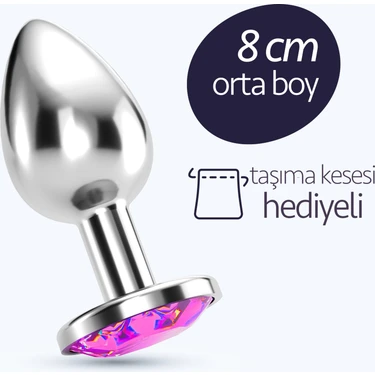 Ewe Pembe Taşlı Orta Boy Metal Anal Plug 8 cm Anal Alıştırıcı Orta Seviye Çelik Pembe Kristal Elmas