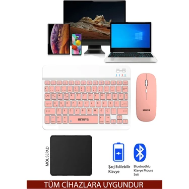 Urzuva MK-23 Tüm Cihazlara Uyumlu Bluetooth Kablosuz Klavye Set Mouse Mousepadli Android Tablet