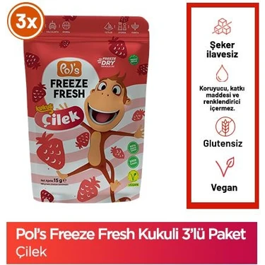 Pol's Freeze Fresh Dondurularak Kurutulmuş Kukuli Çilek 15 g x 3 Vegan ve Katkısız