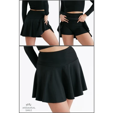 Siyah Zamansız  Etek Içi Sabit Şortlu Yüksek Bel  Skirt With Shorts Casual+Beachwear+Tennis