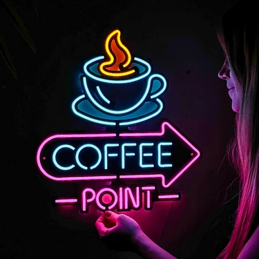 Neon Coffee Point (Kafe) Duvar Dekoru, Tablosu - Metal Üzerine Neon (Led) Duvar Panosu | 38 cm x 41