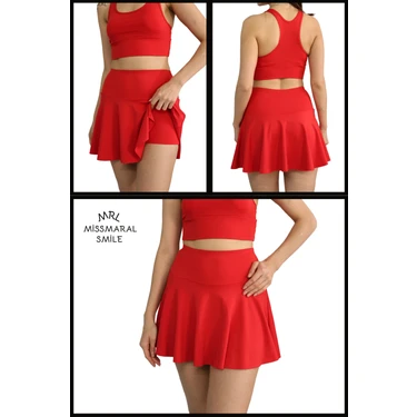Miss Maral Kırmızı  Etek Içi Sabit Şortlu Yüksek Bel  Skirt With Shorts Casual+Beachwear+Tennis