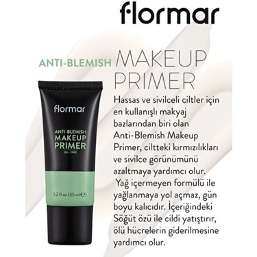 Flormar-Sivilceli Ciltlere Özel Kırmızı Renk Dengeleyici Anti-Blemish Yağsız Makyaj Bazı (000 Yeşil