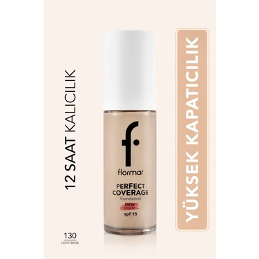 Flormar Perfect Coverage Yoğun Kapatıcı Su Bazlı Fondöten (Sıcak Alt Ton) -130 Light Beige