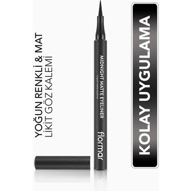 Flormar-Yoğun Pigmentli ve Mat Bitişli Midnight Matte Kalem Likit Eyeliner (001 Siyah)