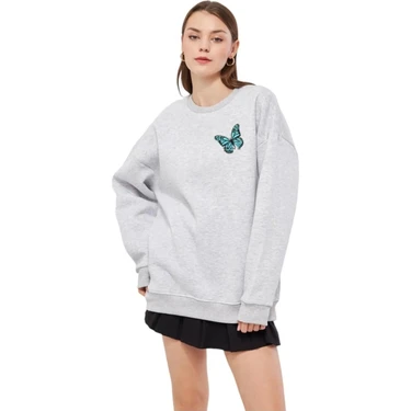 Unisex Gri Renk Basic Sweatshirt Bisiklet Yaka Hoodie Baskılı  %100