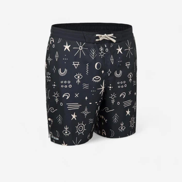 Olaian Erkek Uzun Deniz Şortu/Boardshort - Siyah - Sembol Desenli -
