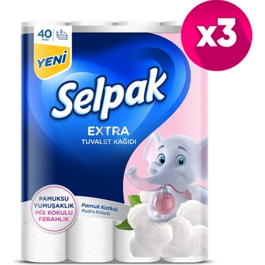 Selpak Extra Pamuk Katkılı ve Pudra Kokulu 40'lı Tuvalet Kağıdı x 3