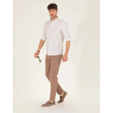 Pierre Cardin Erkek Vizon Slim Fit Keten Karışımlı Kanvas Pantolon