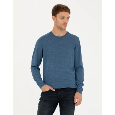 Pierre Cardin Erkek Mavi Slim Fit Bisiklet Yaka Yün Karışımlı Basic Triko Kazak