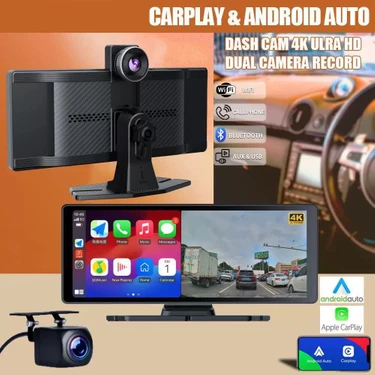 Yeelock 10" 4K Ultra Hd Apple Carplay & Android Auto, Ön & Arka 2 Kameralı Torpido Üstü Araç