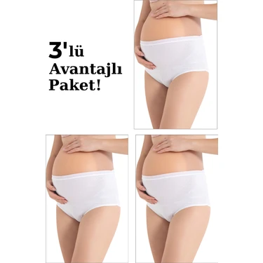 3'lü Paket Kadın Beyaz Pamuklu Likralı Yüksek Bel Hamile Lohusa Külot Esnek ve Rahat