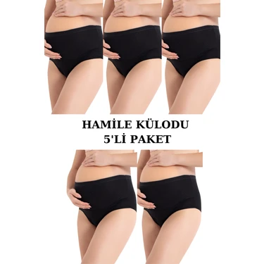5'li Paket Siyah Kadın Pamuklu Likralı Yüksek Bel Hamile Lohusa