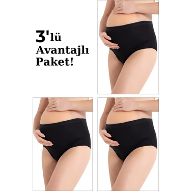 3'lü Paket Kadın Siyah Pamuklu Likralı Yüksek Bel Hamile Lohusa Külot Esnek ve Rahat