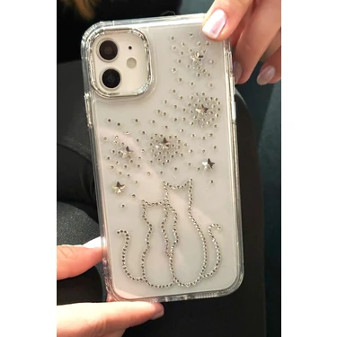 Paladyum Case iPhone 11 Uyumlu Taşlı Çift Kedi Desenli Şeffaf