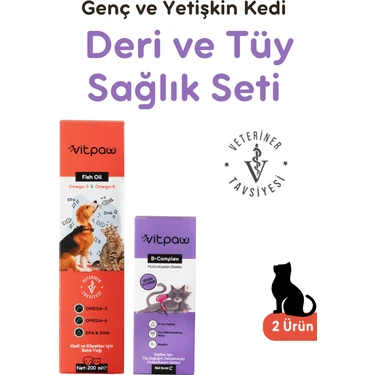 Vitpaw Kedi Tüy ve Deri Sağlığı Seti Tüy Dökülmesi Engelleyici (Biotin, Çinko ve Omega