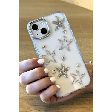 Paladyum Case iPhone 13 Uyumlu Taşlı Deniz Yıldızı Desenli Şeffaf