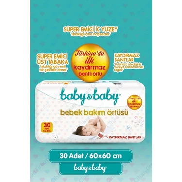 Baby&Baby 60X60CM Kaydırmaz Bantlı Bebek Bakım Örtüsü 30 Adet Süper Emici