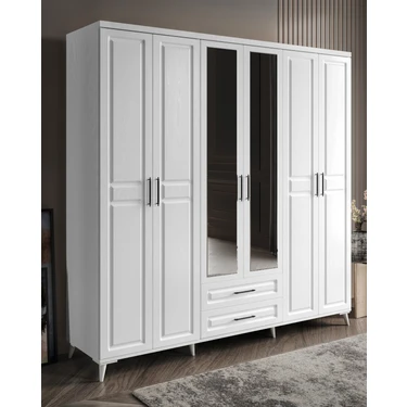 GuneyStore  Montaj - %100 MDF Gözde 6 Kapaklı Aynalı Beyaz Gardırop - MDF Dolap - Elbise