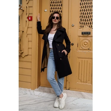Pastelastore Kadın Pamuk Gabardin Midi Trençkot 1113 Siyah Klasik Kruvaze