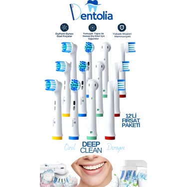 Dentolia Oral-B ve Braun Uyumlu Şarjlı Diş Fırçası Yedek Başlık 12'li
