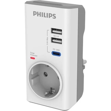 Phılıps CHP8010W Tekli Akım Koruma Priz, 380J, 2x Usb-A Out, 1x Usb-C Out (Pd - Qc 3.0)