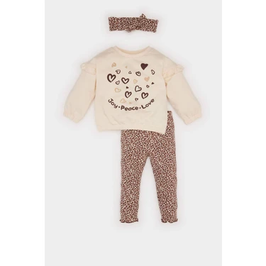 DeFacto Kız Bebek 3'lü Takım Baskılı Bisiklet Yaka Sweatshirt Leopar Desenli Tayt