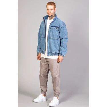 Little Cup Jeans Co Oversize Buz Mavi Yıkama Modelli Erkek Fermuarlı Bomber Kot