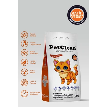 Pet Clean 20 Litre Aktif Karbonlu Ince Taneli Ultra Topaklanan Tozsuz Kedi