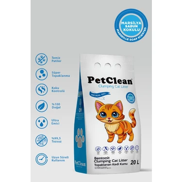 Pet Clean 20 Litre Marsilya Sabunu Kokulu Ince Taneli Ultra Topaklanan Tozsuz Kedi