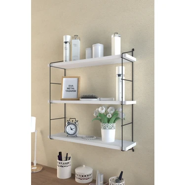 Eva Metal Tasarım 3 Katlı Beyaz Duvar Rafı Modern Stil ve Suntalam Malzeme ile 60 cm