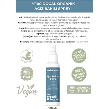 Naturana Doğal Organik Ağız Kokusu ve Aft Giderici Nefes Tazeleyici Hijyen Sprey 100 ml Diş Eti