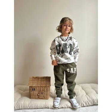 Sacro Kids Gap Baskılı Dinozor Desenli Eşofman-Sweatshirt 3 Iplik Şardonlu Kışlık Erkek Çocuk