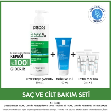 Saç ve Cilt Bakım Seti: Dercos Normal ve Yağlı Saçlar için Kepek Karşıtı Şampuan& Lipikar Temizleme