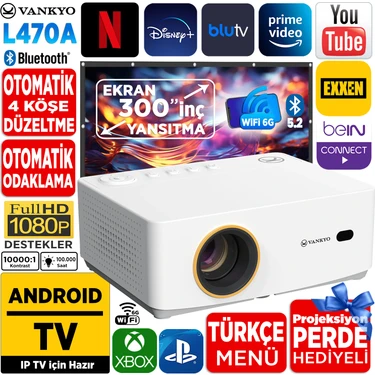 Vankyo Leisure L470A Android Tv 1080P Destekli Projeksiyon Cihazı +Auto Focus+Auto Keystone+6g
