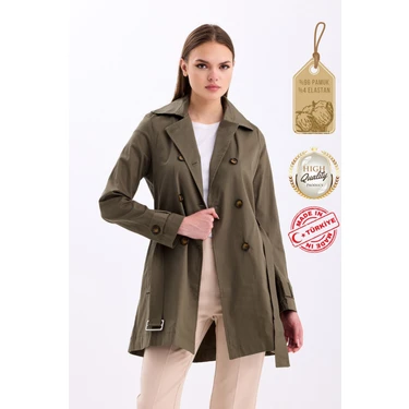 Pastelastore Esnek Pamuk Gabardin Kısa (80CM) Omuz Apoletli Kemerli Kadın Trençkot
