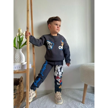 Sacro Kids Lacivert Paw Patrol Baskılı Eşofman-Sweatshirt 3 Iplik Şardonlu Kışlık Erkek Çocuk