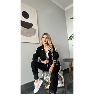 Kadın Fermuarlı Alt Üst Eşofman Takımı Nakışlı 2 Iplik Likra