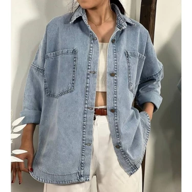 Oversize Cepli Düğmeli Denim Kot Ceket Gömlek