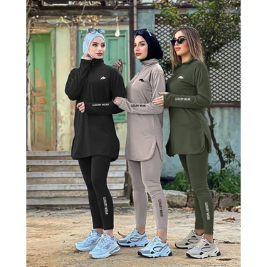 MİMİ LUXURY WEAR Haki Kadın Fermuarlı Dalgıç Kumaş Standart Kalıp Jogger Eşofman Takımı