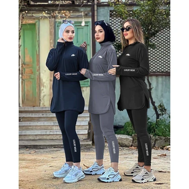 MİMİ LUXURY WEAR Lacivert Kadın Fermuarlı Dalgıç Kumaş Standart Kalıp Jogger Eşofman Takımı