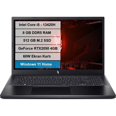 Acer Nitro V15 Intel I5 13420H 8gb 512GB SSD RTX2050-4GB 15.6" Fhd 144Hz Windoes11 Home Taşınabilir