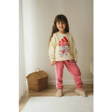 Sacro Kids Adidas Yazılı Daisy Duck Desenli Eşofman-Sweatshirt 3 Iplik Şardonlu Kışlık Kız Çocuk