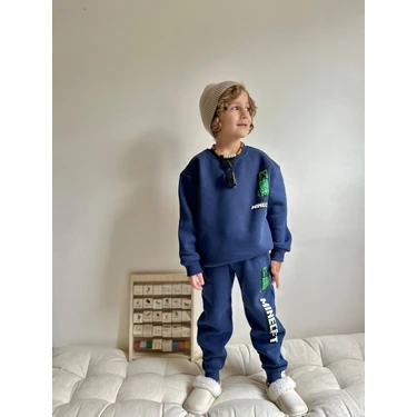 Sacro Kids Lacivert Minecraft Baskılı Eşofman-Sweatshirt 3 Iplik Şardonlu Kışlık Erkek Çocuk