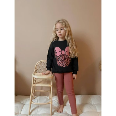 Sacro Kids Kurdeleli Minnie Mouse Baskılı Tayt-Sweatshirt 3 Iplik Kışlık Kız Çocuk