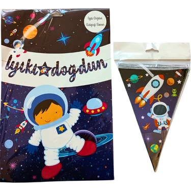 Ngüzel Party Astronot Uzay Temalı Iyi Ki Doğdun Kaligrafi Banner ve Üçgen