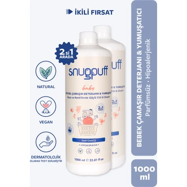 Snugpuff Bitkisel Bebek 2’si 1 Çamaşır Deterjanı + Yumuşatıcı, Hipoalerjenik Parfümsüz Vegan, Sıvı