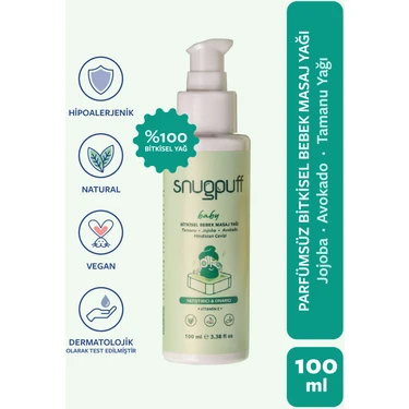 Snugpuff Bitkisel Bebek Masaj Yağı, Jojoba Tamanu Avokado Yağ, Rahatlatıcı Onarıcı