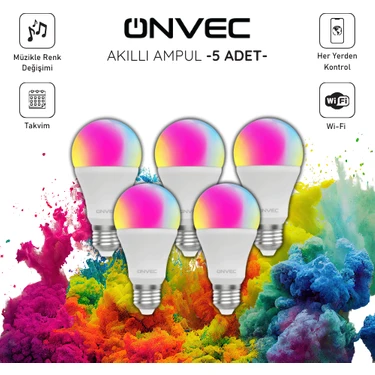 Onvec Wifi+Bluetooth Destekli 9W Rgb 5 Adet Akıllı Ampul